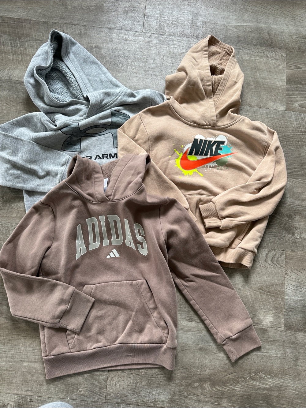 Nike, Adidas & Under Armour Kids tab and gray Pullover Hoodies, Size 7 and Small